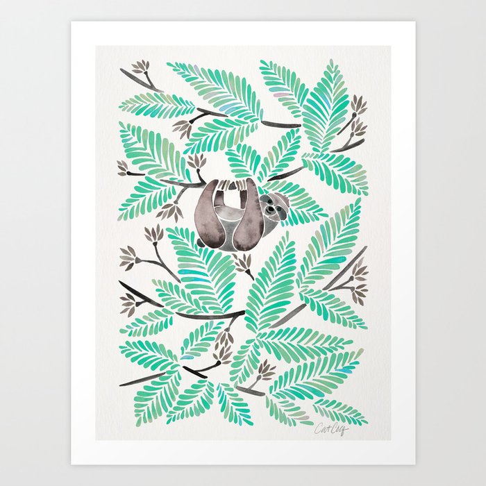 Happy Sloth – Tropical Mint Rainforest Art Print