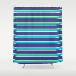 [ Thumbnail: Lavender, Dark Slate Blue, Green, Dark Turquoise & Dark Blue Colored Striped Pattern Shower Curtain ]