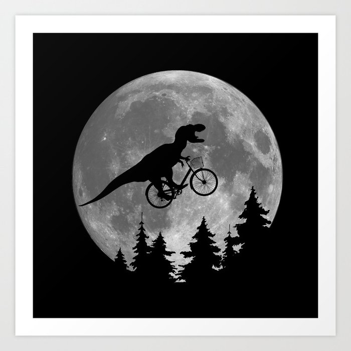 Biker t rex In Sky With Moon 80s Parody Kunstdrucke