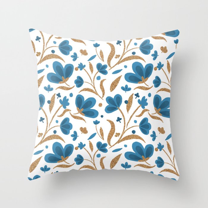 Cerulean blue and copper floral pattern Throw Pillow