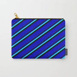 [ Thumbnail: Aqua, Black & Blue Colored Lines/Stripes Pattern Carry-All Pouch ]