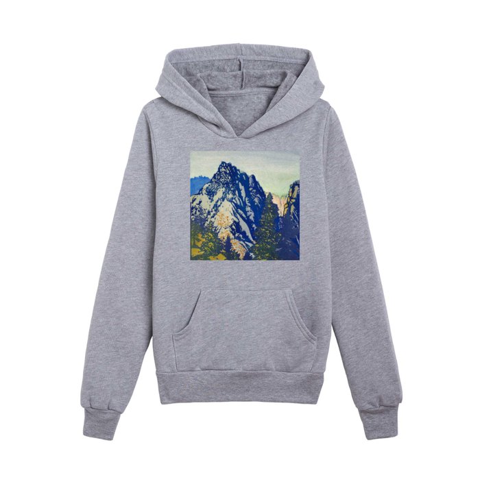  A Departure I - Mountain & Forest Nature Ukiyo Landscape in Blue, Green & Grey Kids Pullover Hoodie