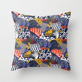 So fish ticated pattern clash // oxford navy blue neon orange red yellow and electric blue quirky angelfishes and other fishes  Throw Pillow