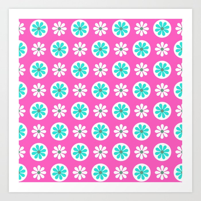 Retro Pink, Mint-Aqua And White Floral Pattern Art Print