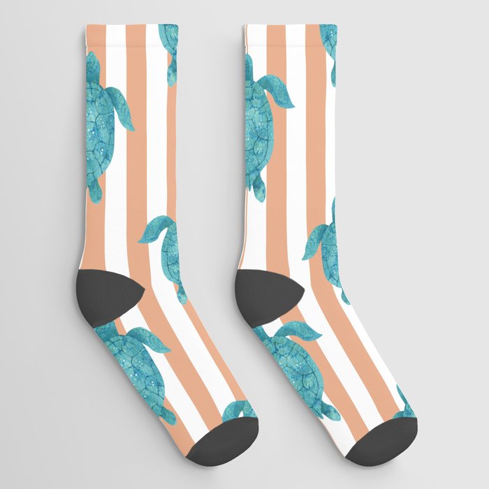 Aquatic Turtles on Peach Orange Stripes Socks