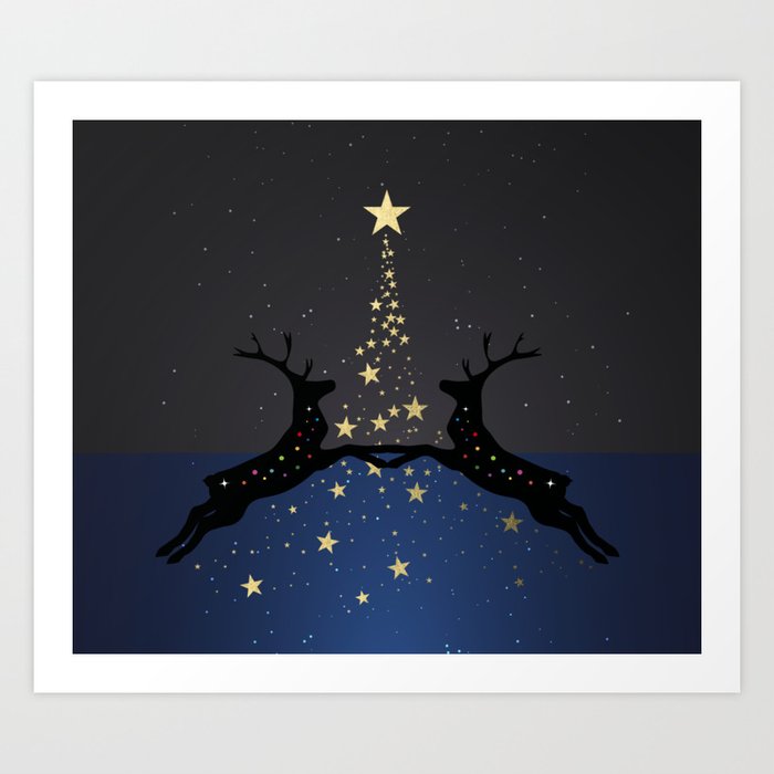 Champagne Gold Star Christmas Tree With Magical Reindeers Dreamy Blue Art Print By Shiho Society6