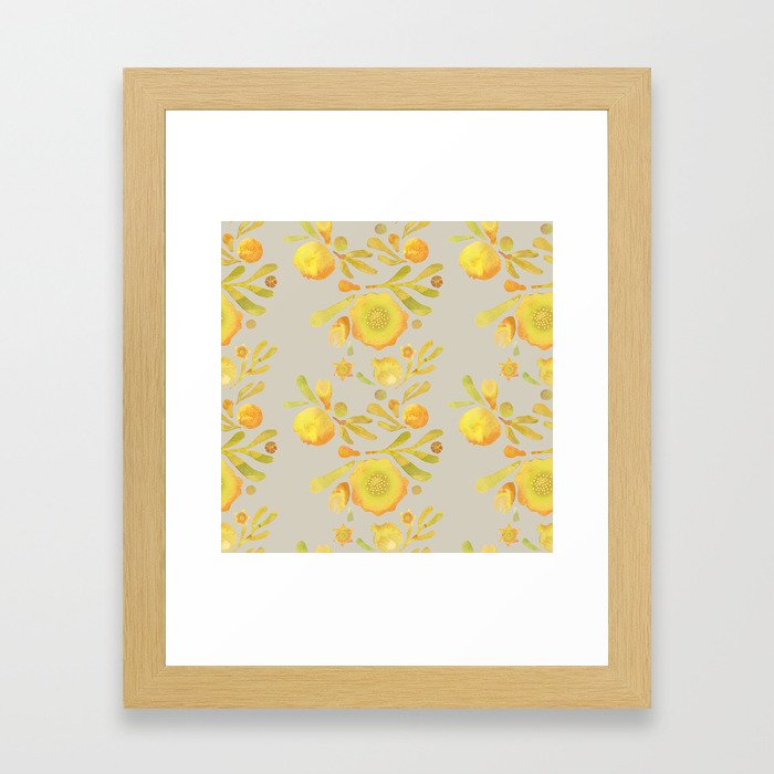 Granada Floral in Yellow on grey Framed Art Print