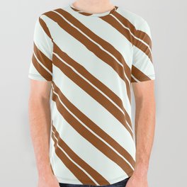 [ Thumbnail: Brown and Mint Cream Colored Lines Pattern All Over Graphic Tee ]
