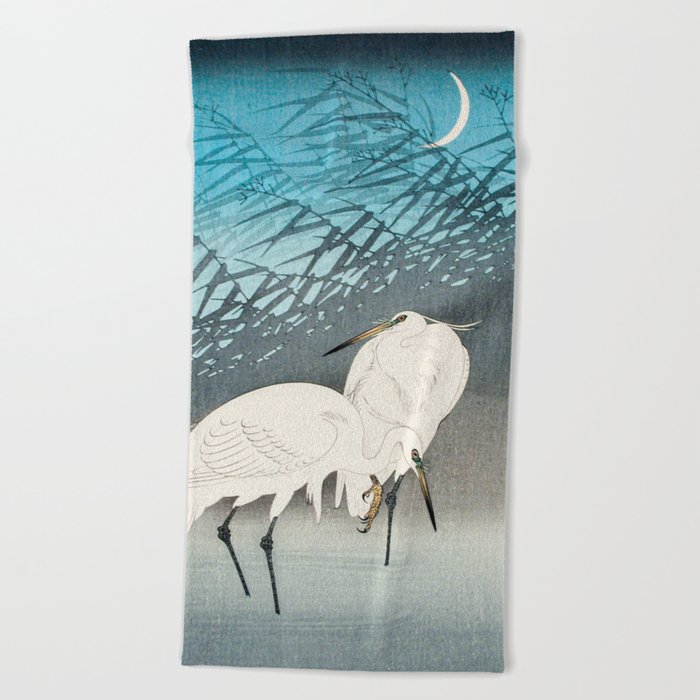 Egrets and Reeds in Moonlight Beach Towel