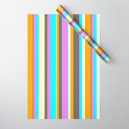 [ Thumbnail: Eye-catching Orange, Dim Grey, Violet, Cyan & Light Yellow Colored Pattern of Stripes Wrapping Paper ]