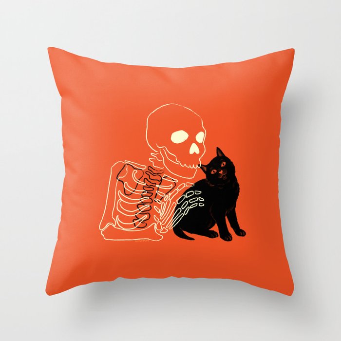 Skeleton and Cat Throw Pillow