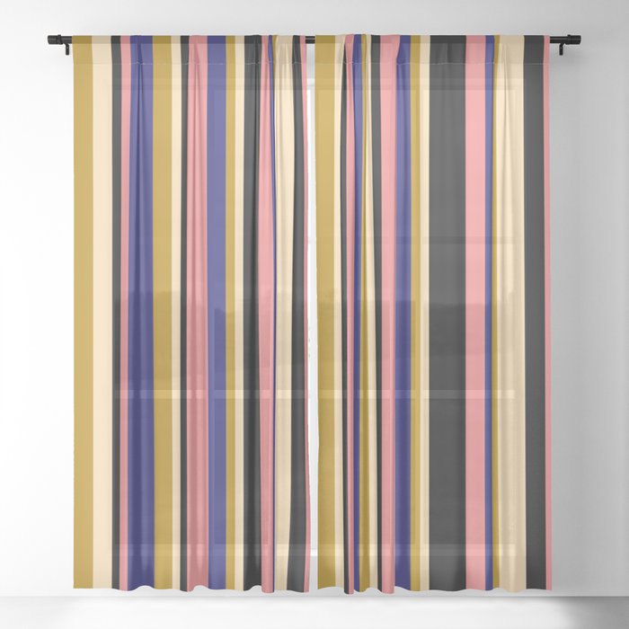 Light Coral, Midnight Blue, Dark Goldenrod, Tan & Black Colored Lined Pattern Sheer Curtain