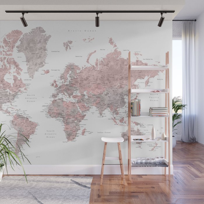 Dusty pink and grey detailed watercolor world map Wall ...