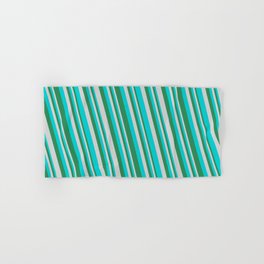 [ Thumbnail: Sea Green, Light Gray & Dark Turquoise Colored Stripes/Lines Pattern Hand & Bath Towel ]