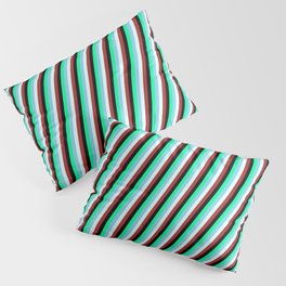 [ Thumbnail: Eyecatching Green, Sky Blue, Light Cyan, Brown, and Black Colored Lines Pattern Pillow Sham ]