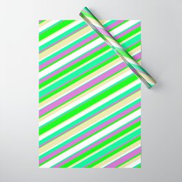 [ Thumbnail: Vibrant Green, Orchid, Lime, Pale Goldenrod, and White Colored Pattern of Stripes Wrapping Paper ]