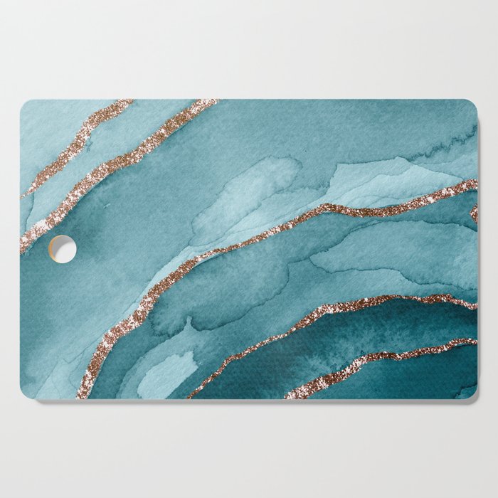 Watercolor Teal Blue And Gold Glitter Liquid Marble Abstract Cutting Board