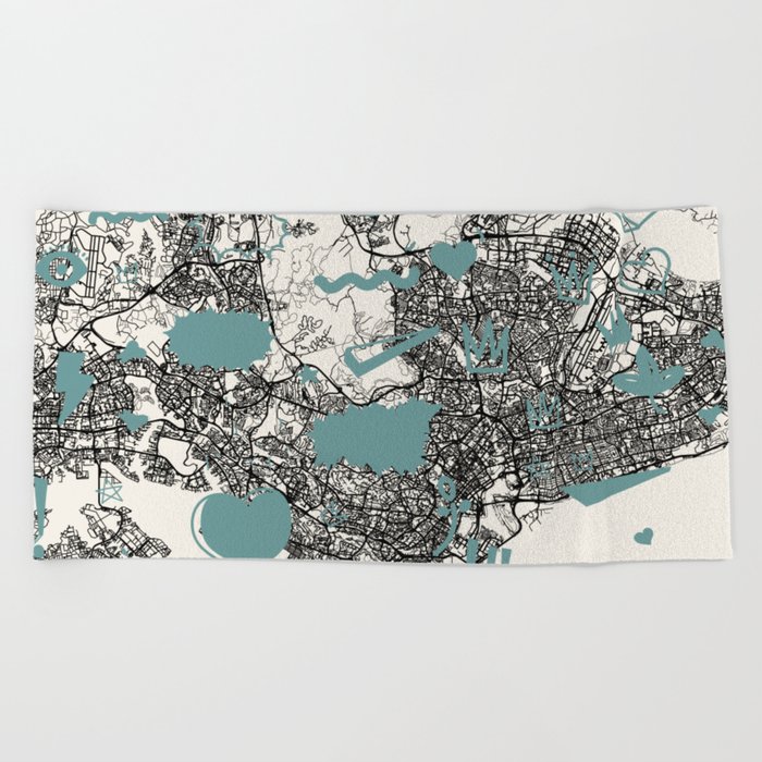 Singapore City Map Drawing Beach Towel