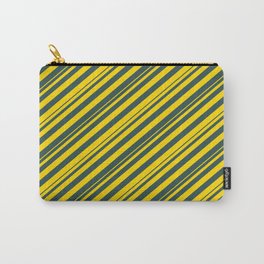 [ Thumbnail: Dark Slate Gray and Yellow Colored Lined Pattern Carry-All Pouch ]
