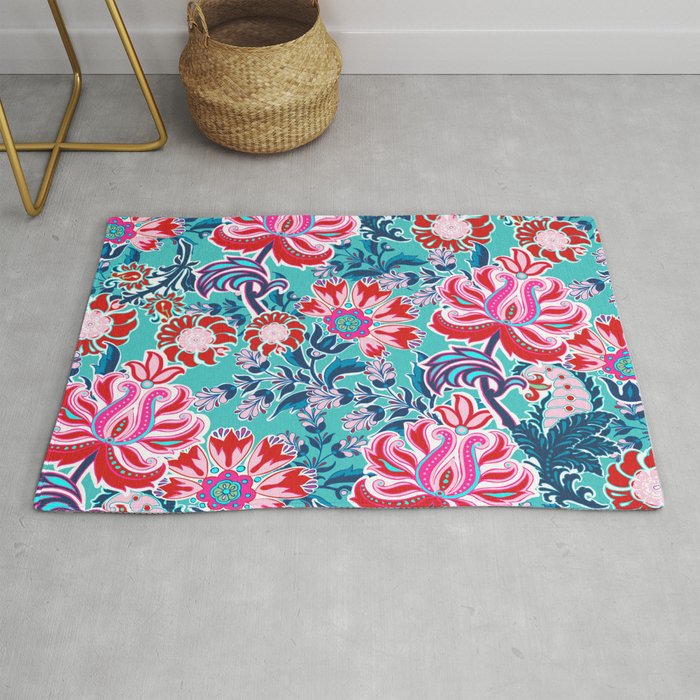 Bohemian Floral Paisley in Turquoise, Red and Pink Rug by Shelly Penko ...