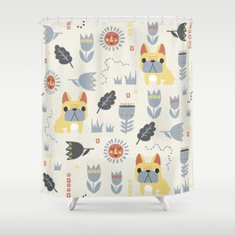 vintage French bulldog and Scandinavian flower illustration seamless repeat pattern Shower Curtain