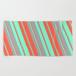 [ Thumbnail: Red, Aquamarine, and Dark Grey Colored Lined/Striped Pattern Beach Towel ]