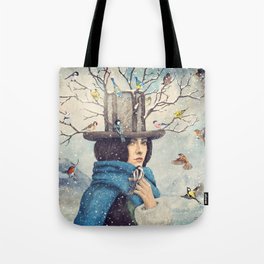 The Lady With The Bird Feeder Hat Tote Bag | Ladybird, Sparrow, Digitalart, Treelady, Birdfeeder, Painting, Bluetit, Womanwithbirds, Naturelady, Traawoman 