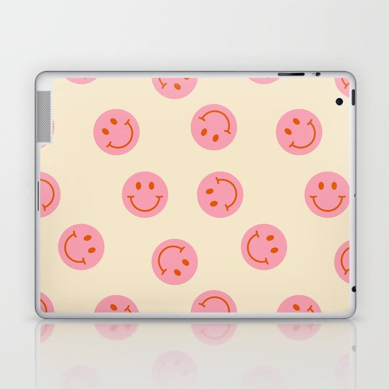 70s Retro Smiley Face Pattern in Beige & Pink Laptop & iPad Skin