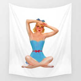 Sexy Blonde Tan Pin Up With Blue Eyes Vintage Light Blue Dress Legs Crossed Wall Tapestry