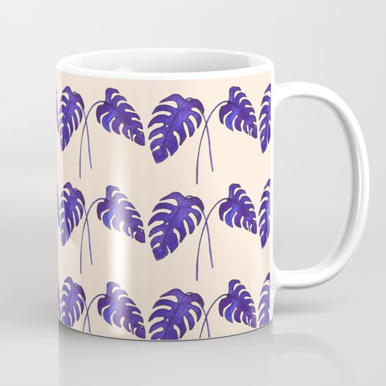Indigo Monstera Leaf Watercolor on Blush Mug