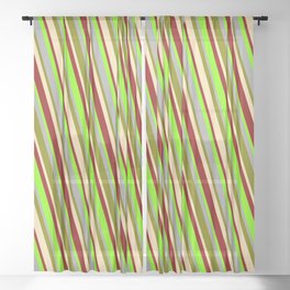 [ Thumbnail: Eye-catching Dark Grey, Green, Beige, Dark Red, and Chartreuse Colored Lined/Striped Pattern Sheer Curtain ]