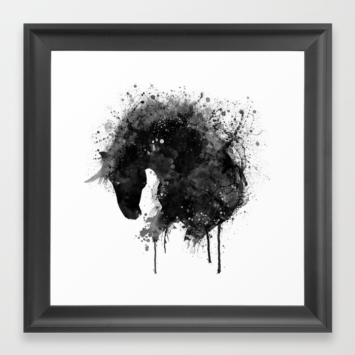 Black And White Horse Head Watercolor Silhouette Framed Art Print
