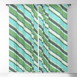 [ Thumbnail: Turquoise, Beige, Forest Green, and Black Colored Lined Pattern Sheer Curtain ]