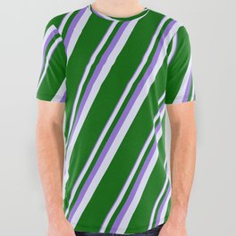 [ Thumbnail: Purple, Lavender & Dark Green Colored Pattern of Stripes All Over Graphic Tee ]