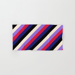[ Thumbnail: Beige, Purple, Crimson, Midnight Blue, and Black Colored Lines/Stripes Pattern Hand & Bath Towel ]