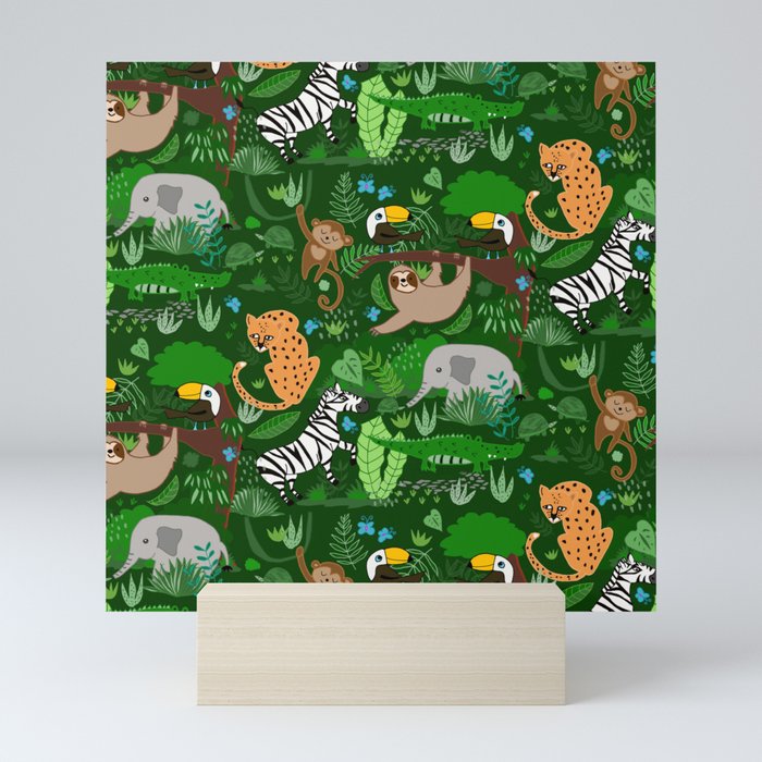 Jungle Wild Animals in Green Mini Art Print