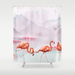 Flocks of flamingo with a pair of swans in the pink trees and mountains landscape Shower Curtain