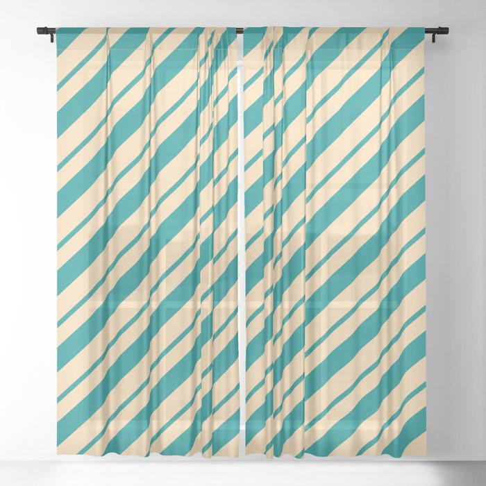 Dark Cyan and Tan Colored Lines/Stripes Pattern Sheer Curtain
