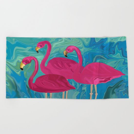 The Three Flamigos Beach Towel