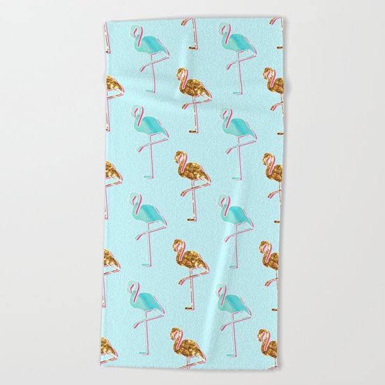 Golden Blue Flamingo Pattern Beach Towel