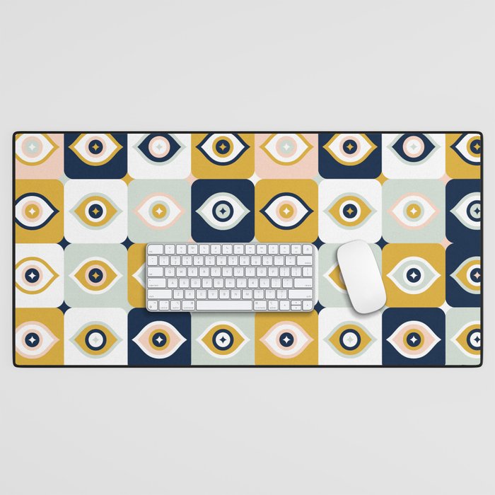 Checkered Retro Eyes – Ochre, Mint & Navy Desk Mat