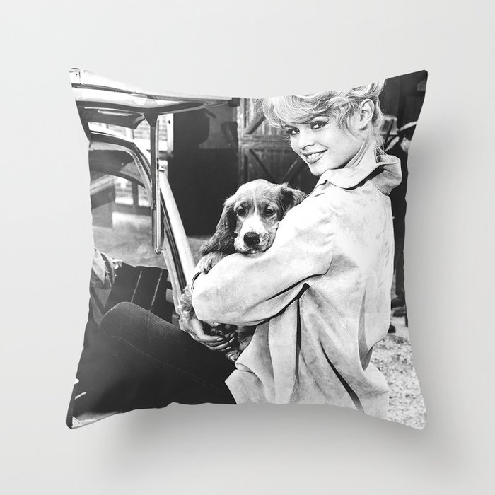 Brigitte Bardot and Dog Retro Vintage Art Throw Pillow