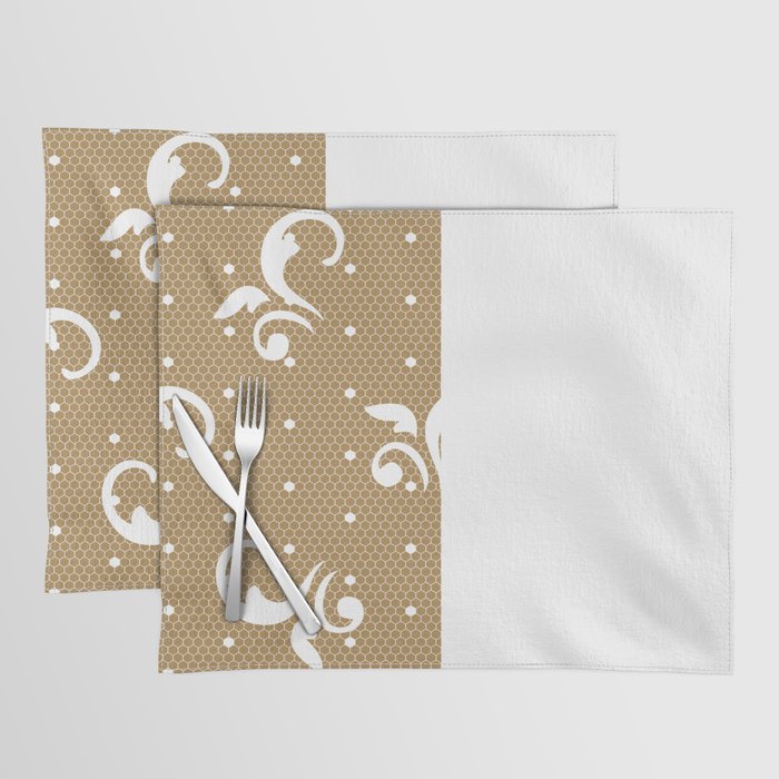 White Floral Curls Lace Vertical Split on Gold Brown Placemat
