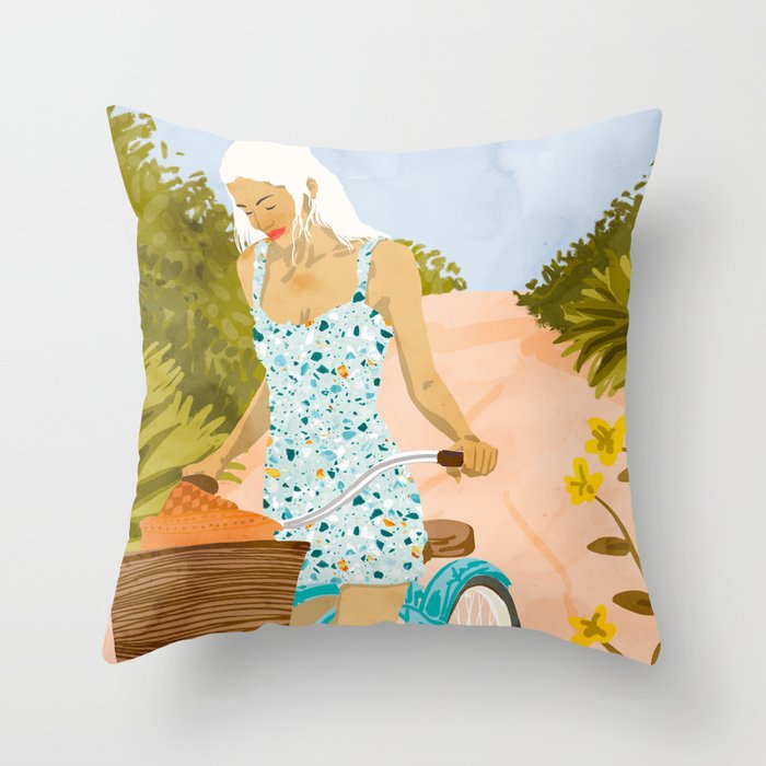 Biking In The Woods #illustration #painting Throw Pillow