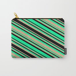 [ Thumbnail: Green, Tan, and Black Colored Striped/Lined Pattern Carry-All Pouch ]
