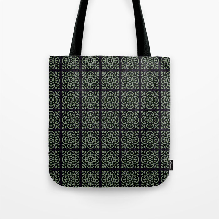 Art Deco Style Fleur De Lis Pattern Green On Black Tote Bag