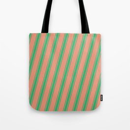 [ Thumbnail: Dark Salmon and Sea Green Colored Striped Pattern Tote Bag ]