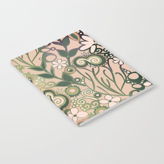 Detailed square of peach and green floral tangle Notebook