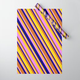 [ Thumbnail: Chocolate, Yellow, Violet, and Blue Colored Lined/Striped Pattern Wrapping Paper ]