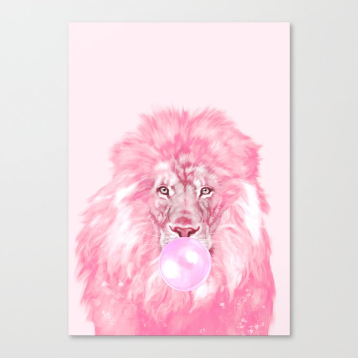 Lion Chewing Bubble Gum in Pink Canvas Print